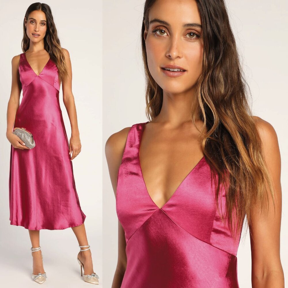 Lulu's Pink Satin Midi Dress
